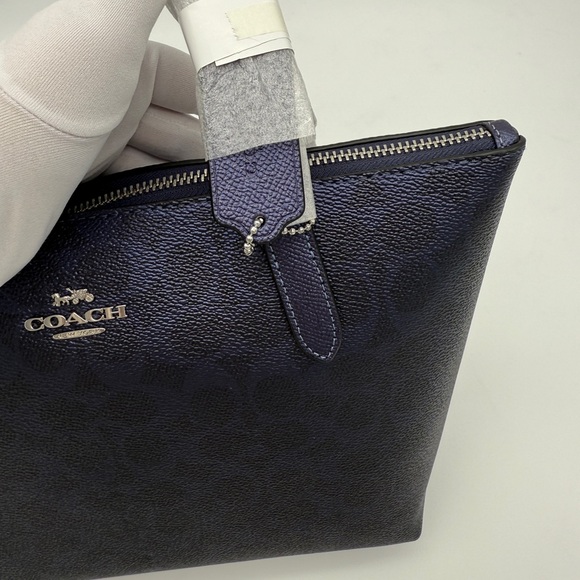 Coach Fiona Zip Tote Shoulder Bag In Signature Canvas Silver Blue Navy - Picture 9 of 12